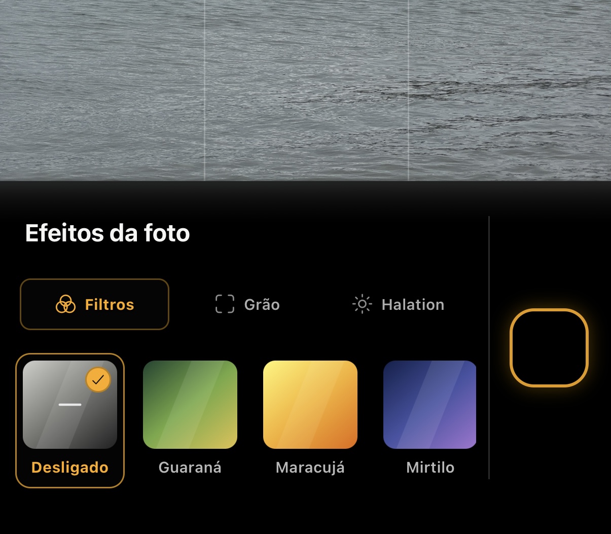 Filters tab with Off selected and Guaraná, Maracujá and Mirtilo LUTs.