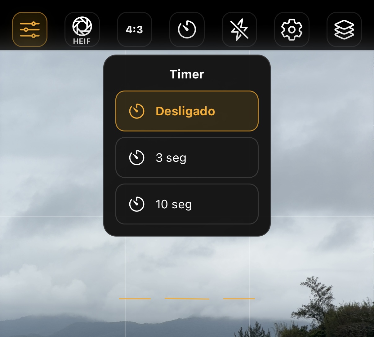 Timer menu with Off selected and options for 3 sec and 10 sec.